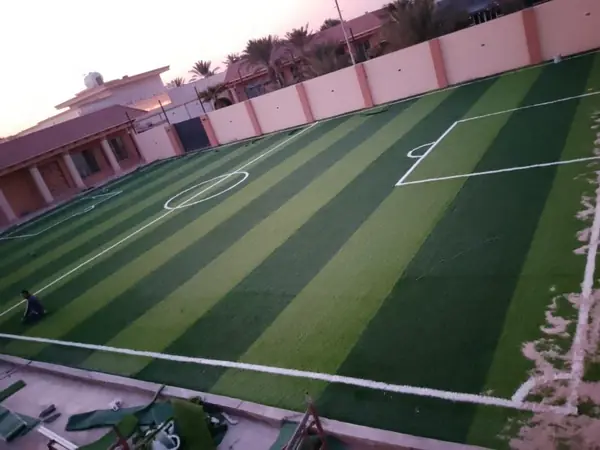 ملعب عشب صناعي داخل سور مبنى بخطوط بيضاء — تنفيذ غصون الصفوة